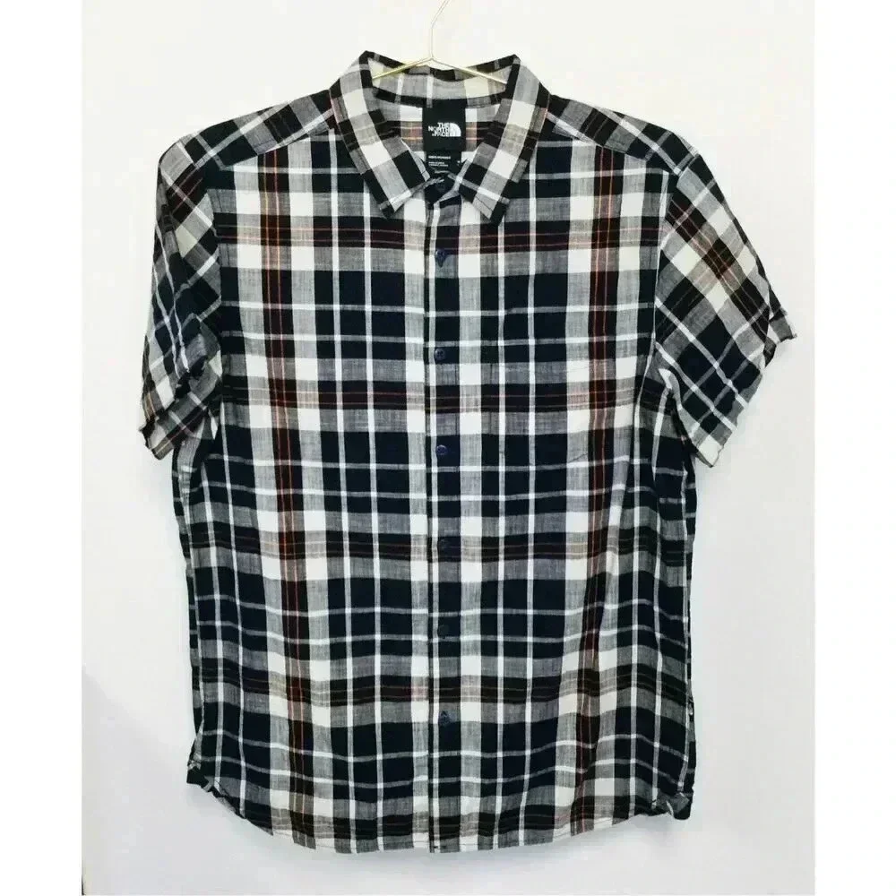 The North Face Mens Navy Blue Plaid Short Sleeve Button-Down Shirt Size Medium‎